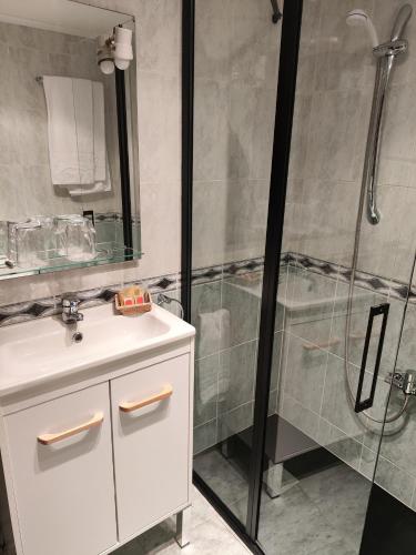 a bathroom with a shower and a white sink at Hostal Ciudad de Nájera in Nájera