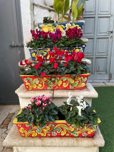 three planters filled with red and yellow flowers at Palazzo Siena De Facendis in Bitonto