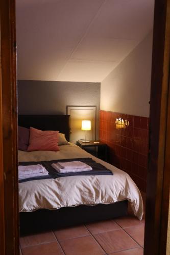 a bedroom with a bed and a lamp in a room at El Cedre Blau Vivienda con piscina en Granollers in Granollers