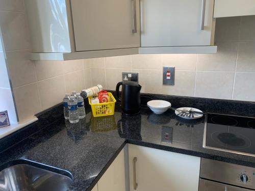 a kitchen with a sink and a counter top at Relaxing Balcony Views Mullingar Self Catering Apartment on Park Hotel Grounds in Mullingar