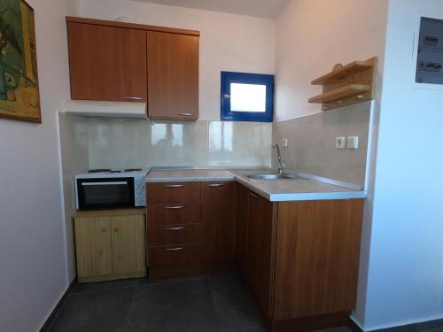 a small kitchen with a sink and a microwave at AGIAS PELAGIAS LITTLE BEACH HOUSE in Agia Pelagia Kythira