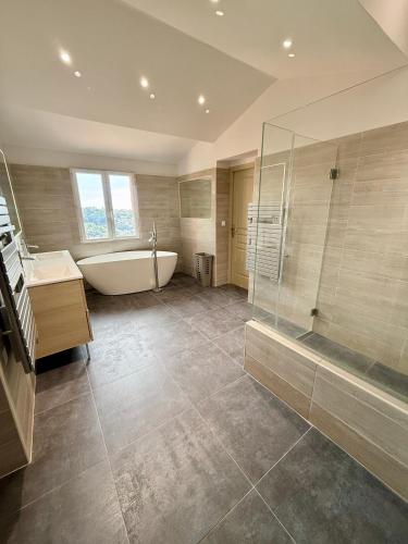 une grande salle de bain avec baignoire et douche dans l'établissement Magnifique Studio Cagnes Sur Mer, à Cagnes-sur-Mer
