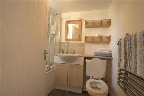 a bathroom with a toilet and a sink and a shower at Steepfield Studio in the heart of Bantham Village in Bigbury on Sea