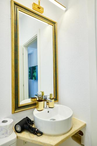 a bathroom with a white sink and a mirror at Carol Park View in Bucharest