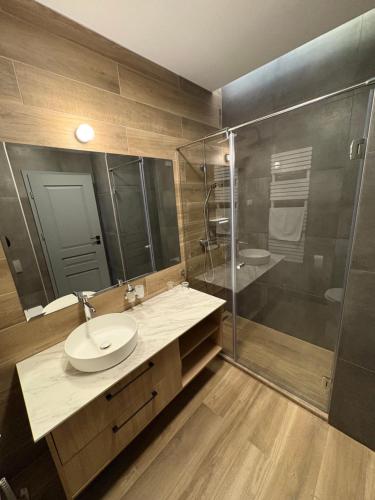 a bathroom with a sink and a shower at Angyal Villa in Rátka