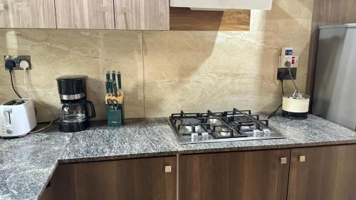 a kitchen counter with a stove and a blender at Lush Urbarn Oasis in Kampala