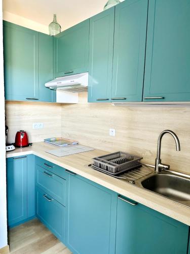 - une cuisine bleue avec un évier et des armoires bleues dans l'établissement Les balcons du Lac - Studio Belle Vue, aux Salles-sur-Verdon