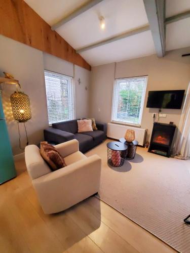 a living room with a couch and a fireplace at Rekerlanden 153 in Schoorldam