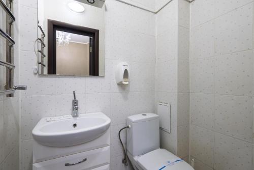 a bathroom with a sink and a toilet and a mirror at Hotel Verhovina in Kyiv