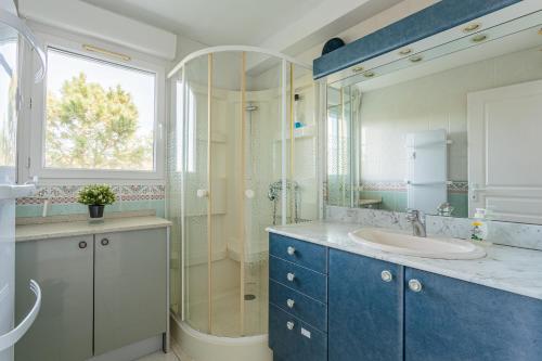 une salle de bain avec un lavabo et une douche en verre dans l'établissement Artzain appartement au calme à mi chemin entre la mer et la campagne, à Urrugne