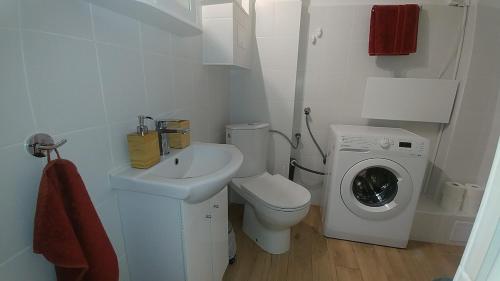 a bathroom with a toilet sink and a washing machine at Dom wakacyjny nad jeziorem Zajączkowskim in Pniewy