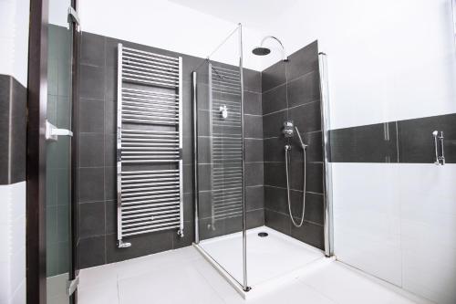 a bathroom with a shower with a glass door at Hotel Magnus Trenčín in Trenčín