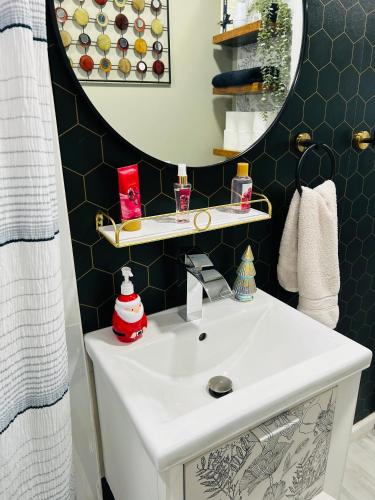 a bathroom with a white sink and a mirror at Fancy Studio Private Entrance in Selden