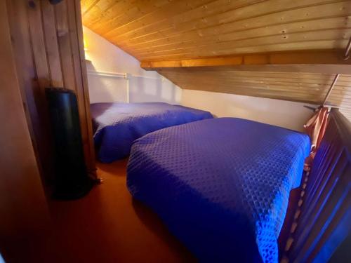 - 2 lits dans une chambre avec des draps bleus dans l'établissement Appartement 2 pièces 4 couchages Dolus d'Oléron DDO000-085, à Dolus-d'Oléron