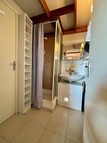 une petite salle de bain avec un lavabo et une douche dans l'établissement Appartement 2 pièces 4 couchages Dolus d'Oléron DDO000-085, à Dolus-d'Oléron