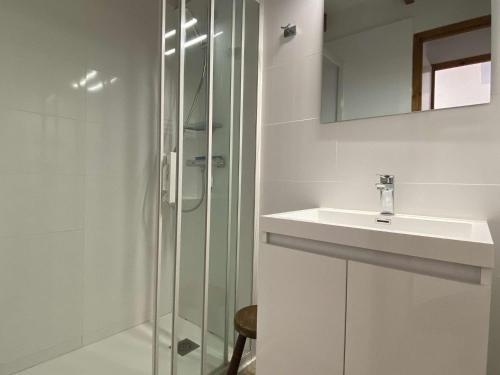 une salle de bain blanche avec un lavabo et une douche dans l'établissement Maison 2 pièces 4 couchages DOLUS D'OLERON DDO000-023, à Dolus-d'Oléron