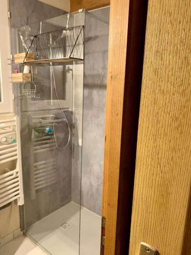 - une douche avec une porte en verre dans la cuisine dans l'établissement Maison 2 pièces avec mezzanine 4 couchages Dolus d'Oléron DDO000-030, à Dolus-d'Oléron