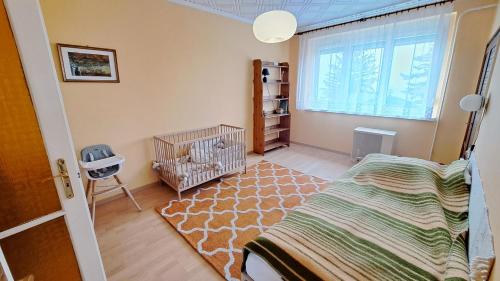 ブダペストにあるRétifarkas Apartment with a green belt, fantastic city views and free parkingのベッドルーム1室(ベッド1台、窓、ベビーベッド付)