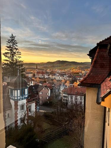 vistas a una ciudad al atardecer con edificios en Modernes, renoviertes Apartment nähe dem Zentrum kostenloses Parken, en St. Gallen