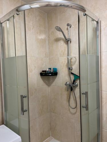 La salle de bains est pourvue d'une douche en verre. dans l'établissement Studio moderne et cosy, à Canet