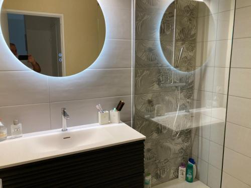 une salle de bain avec un lavabo et un miroir dans l'établissement Marina, au Grau-du-Roi