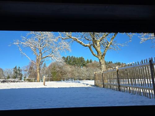 a fence covered in snow next to a tree at Bergerie en plein nature - SPA PRIVATIF in Le Lonzac
