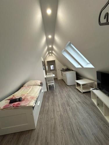 a bedroom with a bed and a skylight at Ferienwohnung am Uniklinik Lübeck in Lübeck