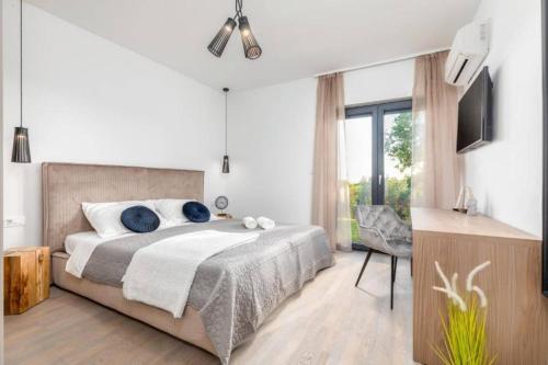 1 dormitorio con 1 cama con almohadas azules y TV en Elegant Villa With Pool And Sauna, en Raša