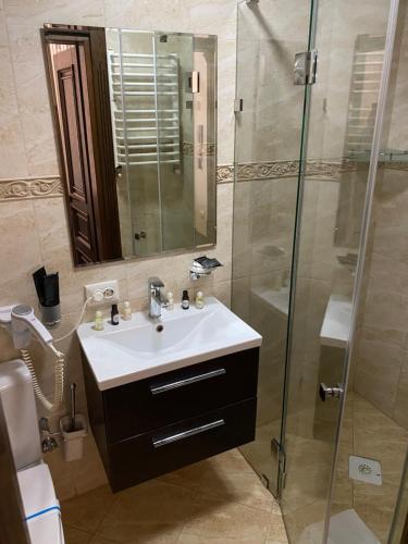 a bathroom with a sink and a glass shower at Едем in Brzezhany
