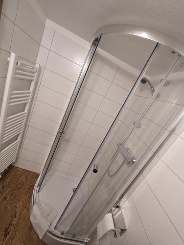 a shower with a glass door in a bathroom at Pension Neue Linde in Alsfeld
