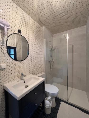 une salle de bain avec un lavabo, des toilettes et une douche dans l'établissement La Suite Saphir, à Saint-Aignan