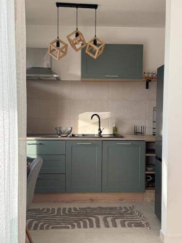 a kitchen with green cabinets and a sink at Riverside in Sremska Mitrovica