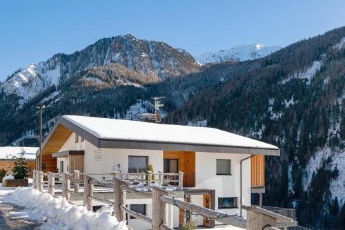 a building with a snow covered mountain in the background at Chalet Berg in Selva dei Molini