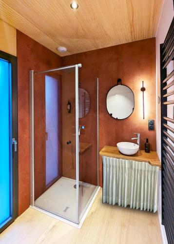a bathroom with a shower with a sink and a mirror at Maisons du lac in Écollemont