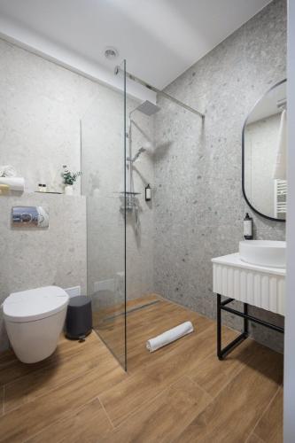 a bathroom with a shower and a toilet and a sink at Hotel Dumbrava in Rupea