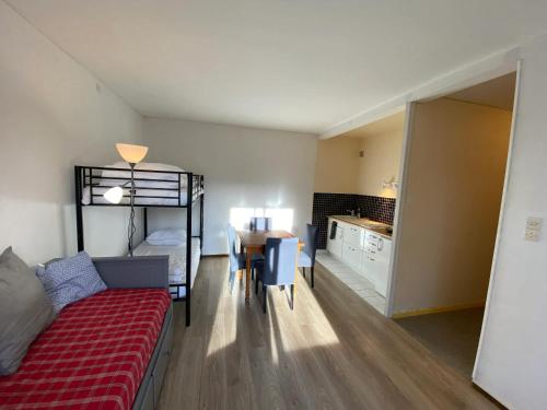 un salon avec un canapé et une table et une cuisine dans l'établissement Charmant studio à Laguiole avec vue montagne 27 m², à Laguiole