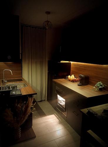 une cuisine sombre avec un évier et un comptoir dans l'établissement Appartement face mer 4 personnes linge de maison et papier toilette non fournis, à Saint-Hilaire-de-Riez