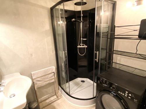 une salle de bain avec une douche, des toilettes et un lavabo dans l'établissement Appartement avec grande terrasse, proche pistes, capacité 6 personnes - FR-1-516-167, à Les Deux Alpes