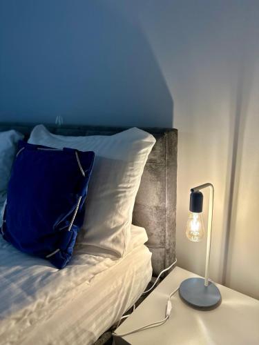 a blue room with a bed with a pillow and a lamp at Cobalt Apartments in Mikołajki