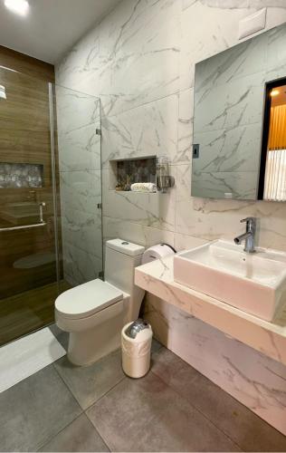 a bathroom with a toilet and a sink and a shower at Hotel Margarita in Flores