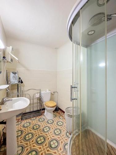 une salle de bain avec toilettes et douche en verre dans l'établissement 3473-Maison 6 couchages, à Villelongue-dels-Monts