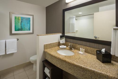 a bathroom with a sink and a mirror and a toilet at Courtyard by Marriott Miami West/FL Turnpike in Miami