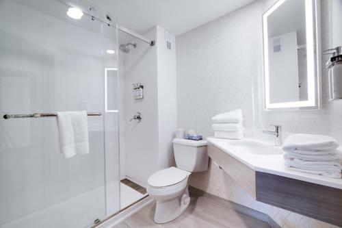 a white bathroom with a toilet and a shower at Holiday Inn Express Wilkes Barre East by IHG in Wilkes-Barre