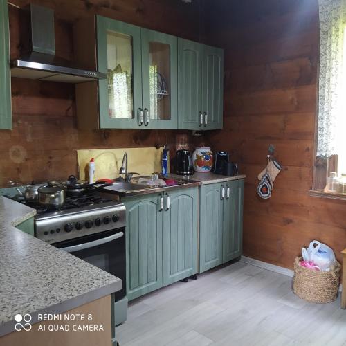 a kitchen with green cabinets and a stove at Holiday chalet in Batumi