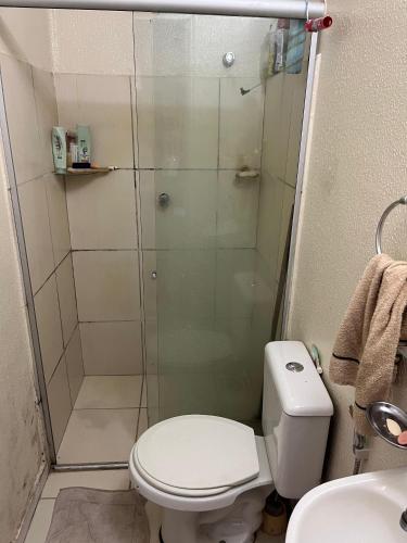 ein Badezimmer mit Dusche, Toilette und Waschbecken in der Unterkunft Apartamento em Belém- cop30 in Ananindeua