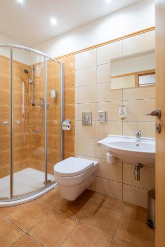 a bathroom with a shower and a toilet and a sink at Hotel Slovan in Jeseník