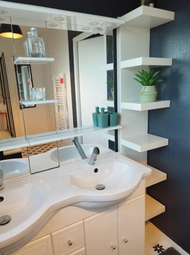 une salle de bain avec un lavabo et un miroir dans l'établissement Comme à la maison, à Cherbourg en Cotentin