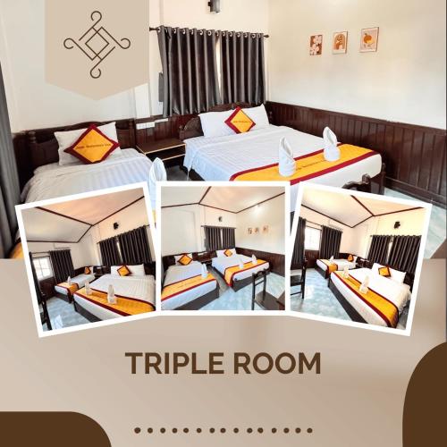 a collage of three pictures of a hotel room at Jungle Backpackers View in Vang Vieng