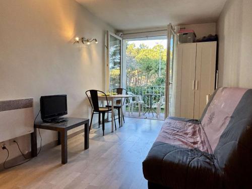 un salon avec un canapé et une table dans l'établissement Studio 2 couchages ARGELES SUR MER AR470-010, à Argelès-sur-Mer
