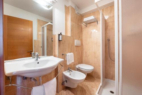 a bathroom with a sink and a toilet and a shower at Hotel Bellamonte in Predazzo